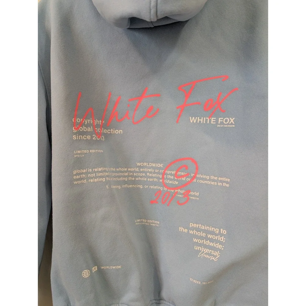 White Fox Boutique 2013 Light Blue Global Collection Graphic‎ Hoodie Limited S/M - Picture 3 of 10